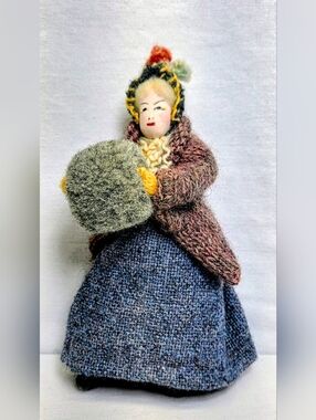 Vintage Cottage Craft Handmade Wool Old Woman With Muff Dollhouse Doll